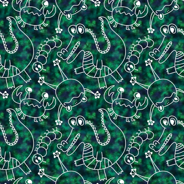 Мультяшні Каракулі Літніх Тропічних Тварин Безшовні Крокодили Тварин Крабів Жаб — стокове фото