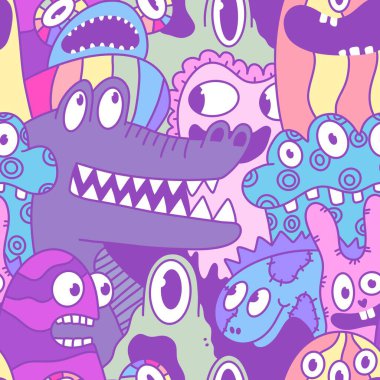 Cartoon monsters seamless emoticons aliens pattern for kids clothes print and wrapping paper and fabrics and linens and kindergarten. High quality illustration