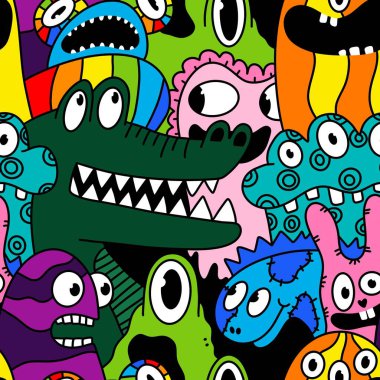 Cartoon monsters seamless emoticons aliens pattern for kids clothes print and wrapping paper and fabrics and linens and kindergarten. High quality illustration