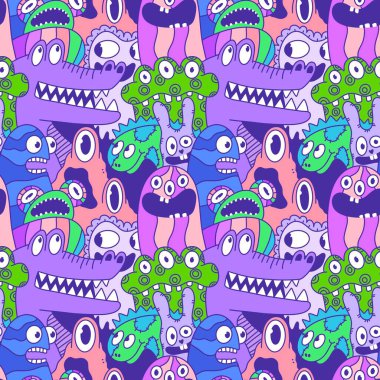 Cartoon monsters seamless emoticons aliens pattern for kids clothes print and wrapping paper and fabrics and linens and kindergarten. High quality illustration