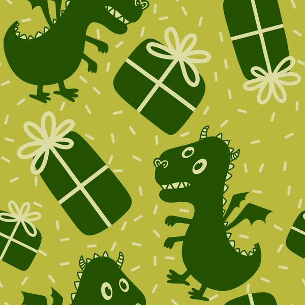 Cartoon dinosaur monsters seamless dragon pattern for wrapping paper and Christmas gift box and kids clothes print and festive packaging and linens and fabrics. High quality illustration