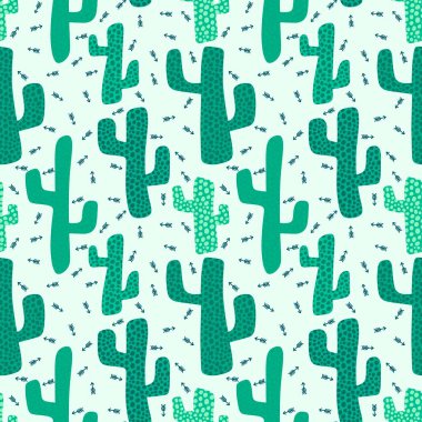 Kağıt, kumaş, çarşaf ve çocuk giysileri baskısı ve şenlikli yaz tekstil ürünleri için soyut, dikişsiz kaktüs deseni. Yüksek kaliteli illüstrasyon