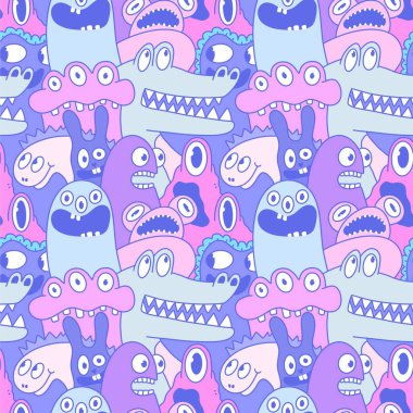 Cartoon monsters seamless emoticons aliens pattern for kids clothes print and wrapping paper and fabrics and linens and kindergarten. High quality illustration