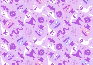 Cadılar Bayramı hayaletleri, çizgi film örümcekleri, ağ ve kafatası desenleri kağıt, kıyafet baskısı, çocuk aksesuarları, kumaşlar ve gif kutusu. Yüksek kaliteli illüstrasyon