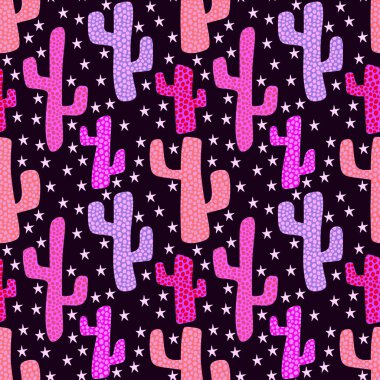Kağıt, kumaş, çarşaf ve çocuk giysileri baskısı ve şenlikli yaz tekstil ürünleri için soyut, dikişsiz kaktüs deseni. Yüksek kaliteli illüstrasyon