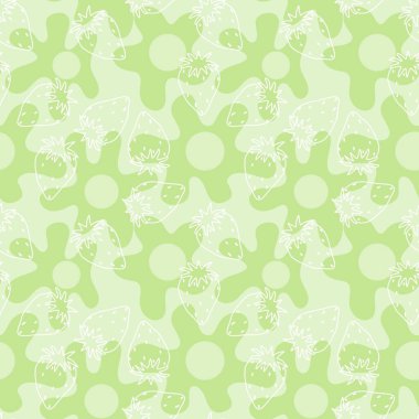 Çizgi film yazında dikişsiz çilek ve çırpılmış yumurta desenli kâğıt, kumaş, çarşaf ve çocuk kıyafetleri. Yüksek kaliteli illüstrasyon