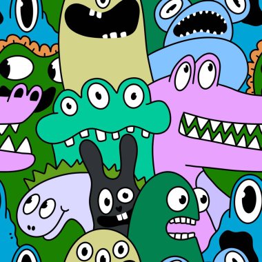 Cartoon monsters seamless emoticons aliens pattern for kids clothes print and wrapping paper and fabrics and linens and kindergarten. High quality illustration