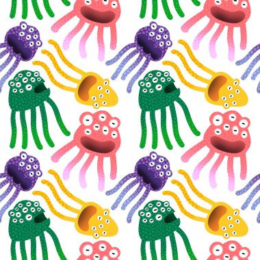 Cartoon monsters seamless emoticons aliens pattern for kids clothes print and wrapping paper and fabrics and linens and kindergarten. High quality illustration