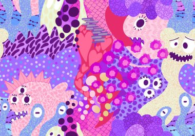 Cartoon monsters seamless emoticons aliens pattern for kids clothes print and wrapping paper and fabrics and linens and kindergarten. High quality illustration