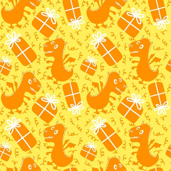 Cartoon Dinosaur Monsters Seamless Dragon Pattern Wrapping Paper Christmas Gift —  Fotos de Stock