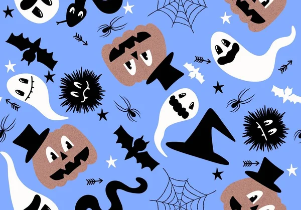 Halloween Szellem Zökkenőmentes Rajzfilm Pók Web Koponyák Minta Csomagolására Papír — Stock Fotó