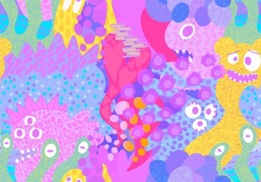 Cartoon monsters seamless emoticons aliens pattern for kids clothes print and wrapping paper and fabrics and linens and kindergarten. High quality illustration