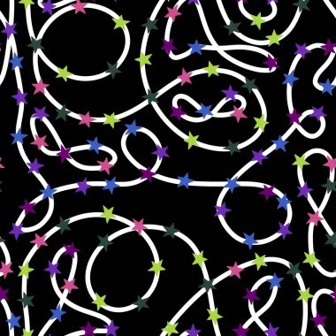 Soyut çizgiler, kusursuz yıldızlar ve şenlik ambalajı için kurdele desenleri ve çocukların giysilerinin baskısı, ambalaj kağıdı, kumaş ve çarşaflar. Yüksek kaliteli illüstrasyon