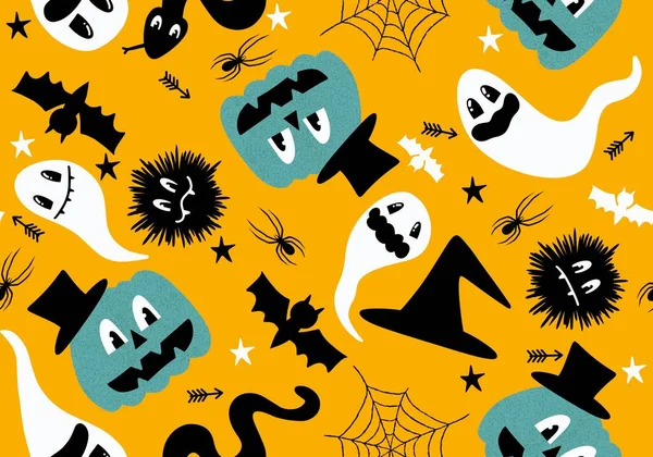 万圣节前夕 鬼魂无缝漫画蜘蛛 蜘蛛网和骷髅图案用于包装纸 印刷品 儿童用品 面料和礼品盒 高质量的例证 — 图库照片