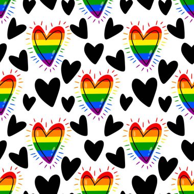 Çizgi film gökkuşağı gururu kağıt, kumaş, çarşaf, moda baskısı, tekstil ve sevgililer günü hediye kutusu için kusursuz kalp deseni. Yüksek kaliteli illüstrasyon