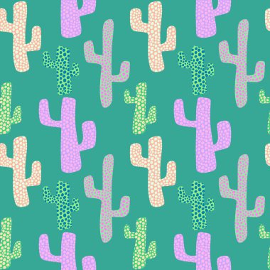 Kağıt, kumaş, çarşaf ve çocuk giysileri baskısı ve şenlikli yaz tekstil ürünleri için soyut, dikişsiz kaktüs deseni. Yüksek kaliteli illüstrasyon