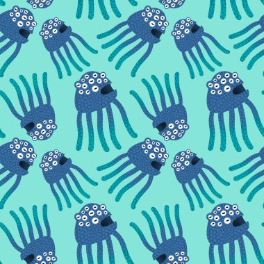 Cartoon monsters seamless emoticons aliens pattern for kids clothes print and wrapping paper and fabrics and linens and kindergarten. High quality illustration