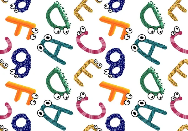 Cartoon Russian Alphabet Letters Seamless Monster Eyes Pattern Kids Clothes — стоковое фото