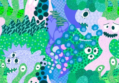 Cartoon monsters seamless emoticons aliens pattern for kids clothes print and wrapping paper and fabrics and linens and kindergarten. High quality illustration
