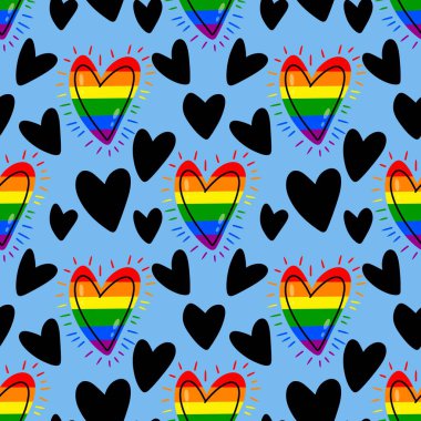 Çizgi film gökkuşağı gururu kağıt, kumaş, çarşaf, moda baskısı, tekstil ve sevgililer günü hediye kutusu için kusursuz kalp deseni. Yüksek kaliteli illüstrasyon