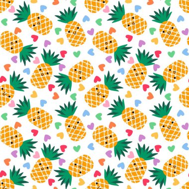 Karikatür yaz meyvesiz ananas desenli ambalaj kağıdı, kumaş, çarşaf ve çocuk giysileri baskısı ve mayo tekstili. Yüksek kaliteli illüstrasyon