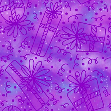 Paket kağıtları, kumaşlar, çarşaflar, çocuk giysileri baskıları, Noel paketleri ve doğum günü aksesuarları için şenlikli hediye kutusu desenleri. Yüksek kaliteli illüstrasyon