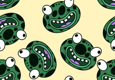 Çizgi film kawaii hayvanları kağıt, kumaş ve çarşaf sarmak için kusursuz kurbağa desenleri ve çocuk giysileri baskısı ve anaokulu tekstili. Yüksek kaliteli illüstrasyon