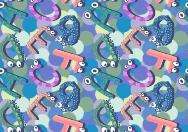 Çizgi İngiliz alfabesindeki harfler çocuk kıyafetleri, aksesuarlar, çarşaflar, kumaşlar ve anaokulu tekstil ürünleri için kusursuz gözler desenli. Yüksek kaliteli illüstrasyon