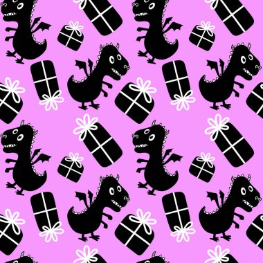 Cartoon dinosaur monsters seamless dragon pattern for wrapping paper and Christmas gift box and kids clothes print and festive packaging and linens and fabrics. High quality illustration