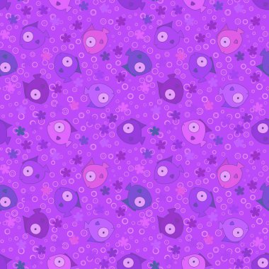 Çizgi filmlerdeki yaz hayvanları kumaşlar için kusursuz balık desenleri ve çocuk giysileri baskılar, çarşaflar ve ambalaj kağıtları ve mayo tekstili. Yüksek kaliteli illüstrasyon