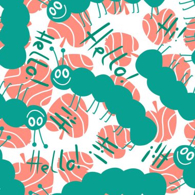 Çizgi film yaz hayvanları çocuk kıyafetleri, kıyafet baskıları, kumaşlar, çarşaflar, sonbahar tekstil ürünleri ve ambalaj kağıtları için dikişsiz tırtıllar ve elma desenleri. Yüksek kaliteli illüstrasyon