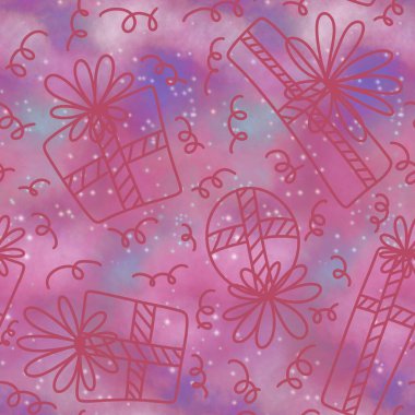 Paket kağıtları, kumaşlar, çarşaflar, çocuk giysileri baskıları, Noel paketleri ve doğum günü aksesuarları için şenlikli hediye kutusu desenleri. Yüksek kaliteli illüstrasyon