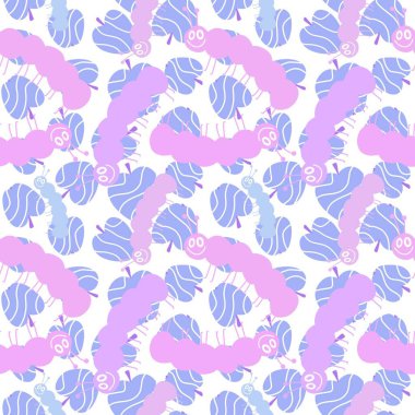 Çizgi film yaz hayvanları çocuk kıyafetleri, kıyafet baskıları, kumaşlar, çarşaflar, sonbahar tekstil ürünleri ve ambalaj kağıtları için dikişsiz tırtıllar ve elma desenleri. Yüksek kaliteli illüstrasyon