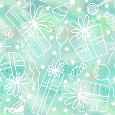 Paket kağıtları, kumaşlar, çarşaflar, çocuk giysileri baskıları, Noel paketleri ve doğum günü aksesuarları için şenlikli hediye kutusu desenleri. Yüksek kaliteli illüstrasyon