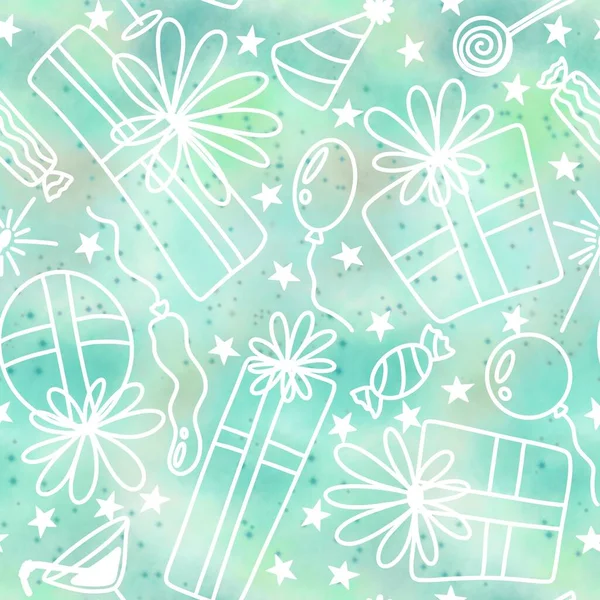 Paket kağıtları, kumaşlar, çarşaflar, çocuk giysileri baskıları, Noel paketleri ve doğum günü aksesuarları için şenlikli hediye kutusu desenleri. Yüksek kaliteli illüstrasyon