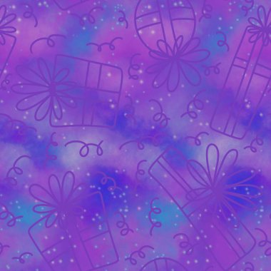 Paket kağıtları, kumaşlar, çarşaflar, çocuk giysileri baskıları, Noel paketleri ve doğum günü aksesuarları için şenlikli hediye kutusu desenleri. Yüksek kaliteli illüstrasyon