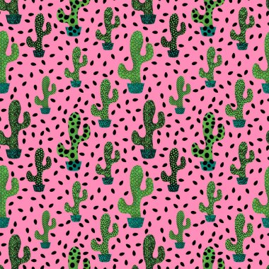 Kağıt, kumaş, çarşaf ve çocuk giysileri baskısı ve şenlikli yaz tekstil ürünleri için soyut, dikişsiz kaktüs deseni. Yüksek kaliteli illüstrasyon
