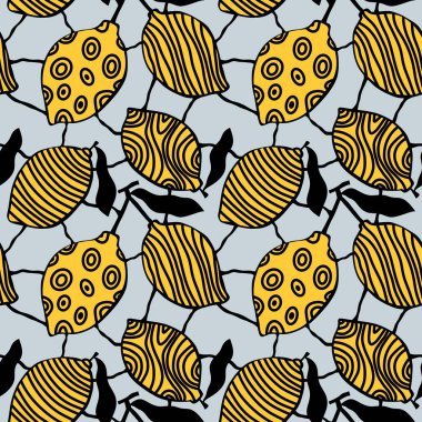 Kağıt, kumaş, çarşaf, çocuk giysisi baskısı, şenlik ambalajı ve mayo tekstili için karikatür yaz meyvesiz limon deseni. Yüksek kaliteli illüstrasyon