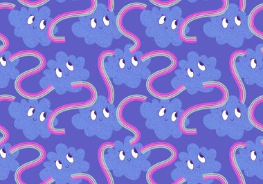 Geçmiş yaz çizgi filmlerinde derlenmemiş güneş, gökkuşağı ve bulut desenleri kağıdın ambalajı için çocuk kıyafetleri, kumaşlar ve çarşaflar. Yüksek kaliteli illüstrasyon