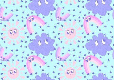 Geçmiş yaz çizgi filmlerinde derlenmemiş güneş, gökkuşağı ve bulut desenleri kağıdın ambalajı için çocuk kıyafetleri, kumaşlar ve çarşaflar. Yüksek kaliteli illüstrasyon