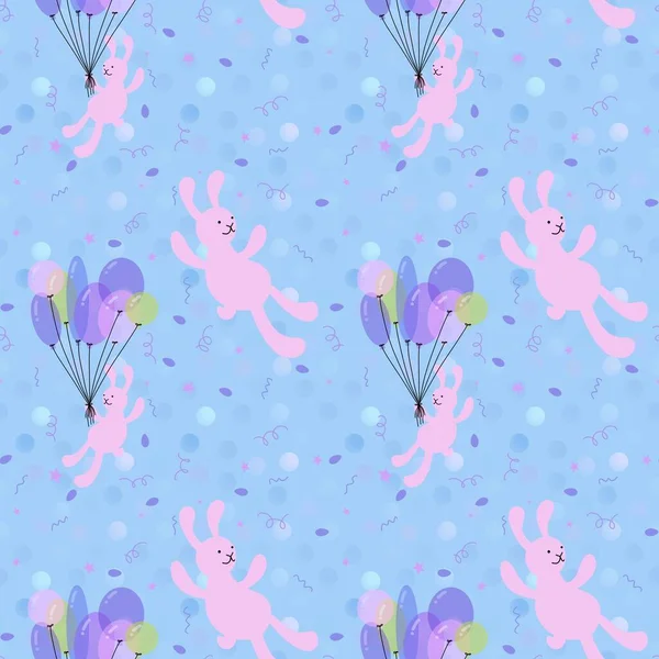 Birthday seamless rabbit with balloons pattern for wrapping paper and fabrics and linens and kids clothes print and festive packaging. High quality illustration