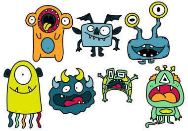 Cartoon set monsters emoticons aliens for kids clothes print and wrapping paper and fabrics and linens and kindergarten. High quality illustration