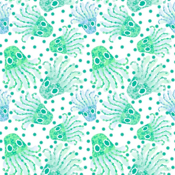 漫画の海の動物の布や包装紙やリネンや子供服のためのシームレスなクラゲのパターンは 印刷や夏の織物 高品質のイラスト — ストック写真