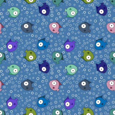 Çizgi filmlerdeki yaz hayvanları kumaşlar için kusursuz balık desenleri ve çocuk giysileri baskılar, çarşaflar ve ambalaj kağıtları ve mayo tekstili. Yüksek kaliteli illüstrasyon