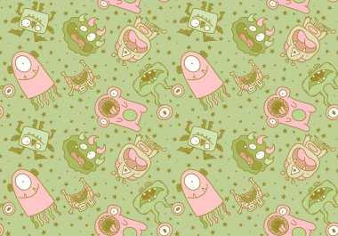 Cartoon monsters seamless emoticons aliens pattern for kids clothes print and wrapping paper and fabrics and linens and kindergarten. High quality illustration