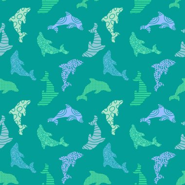 Yaz hayvanları, ambalajsız yunus desenleri, çocuk giysileri kumaşları, kumaşlar, çarşaflar ve mayo tekstili. Yüksek kaliteli illüstrasyon