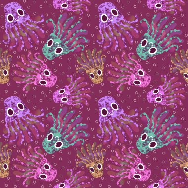 Çizgi filmlerdeki okyanus hayvanları kumaşlar, ambalaj kağıtları, çarşaflar, çocuk kıyafetleri ve yaz tekstili için kusursuz desenli. Yüksek kaliteli illüstrasyon