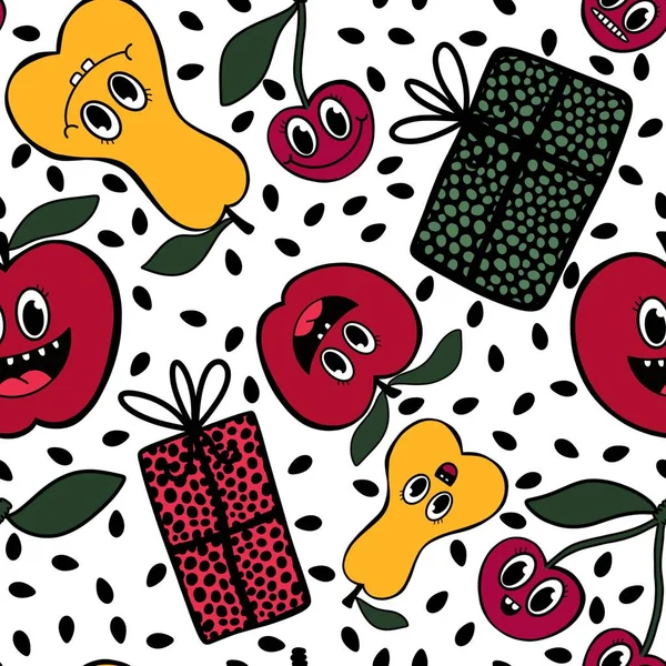 Retro Tecknad Frukt Sömlösa Äpplen Och Körsbär Och Päron Och — Stockfoto