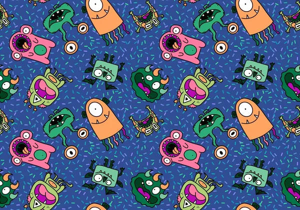 Cartoon Monsters Seamless Emoticons Aliens Pattern Kids Clothes Print Wrapping — Stock Fotó