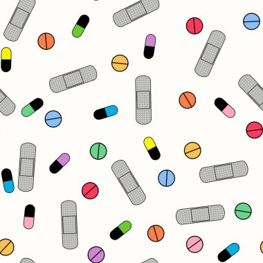 Karikatür tıbbı ambalaj kağıtları, çarşaflar, kumaşlar, ambalajlar, dükkanlar ve doktorlar için not defterleri. Yüksek kaliteli illüstrasyon